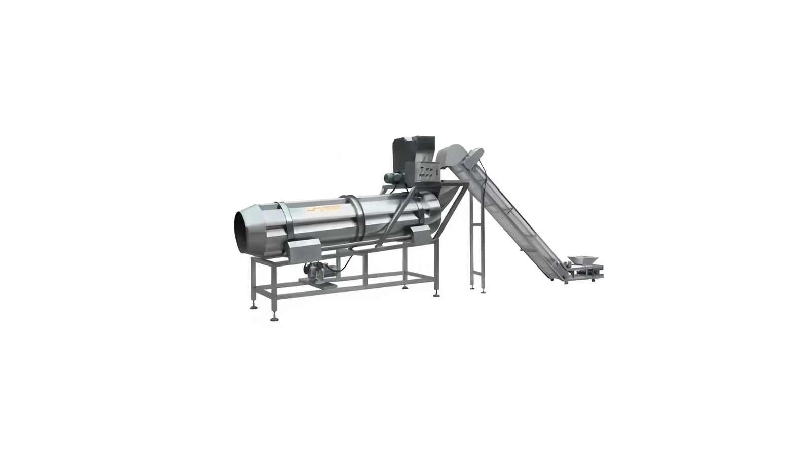 Seasoning drum and conveyor at the downstream end of an extruded snack line