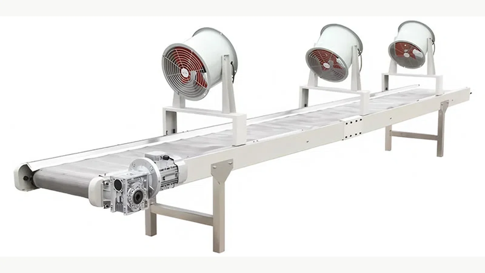 Cooling conveyor with fans used to review the handoff from seasoning toward packing